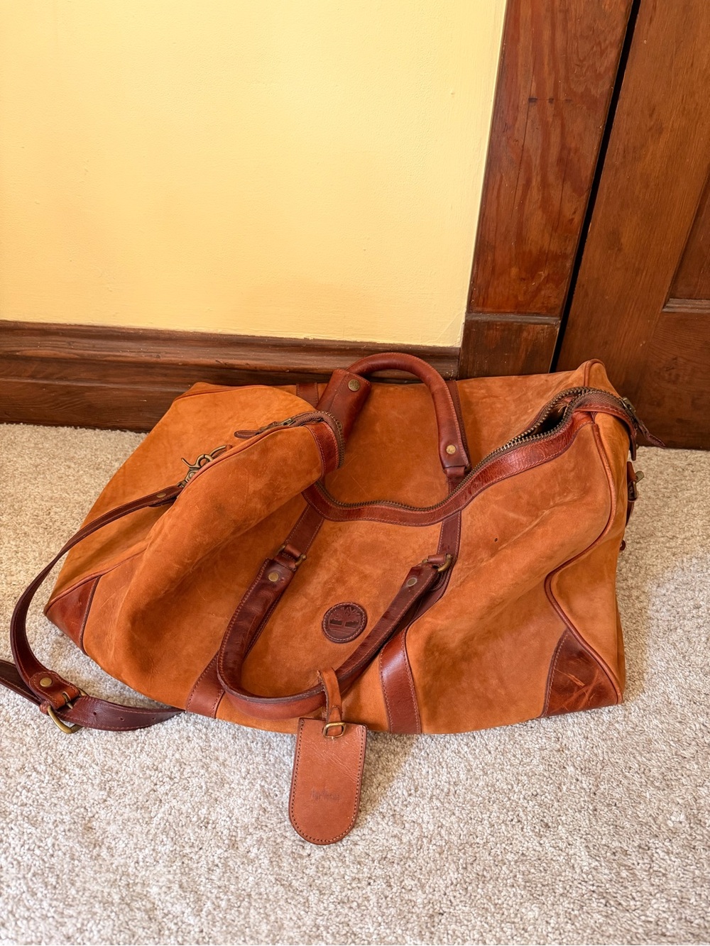 Timberland Suede Duffel Bag in Rust Brown with Leather Trim